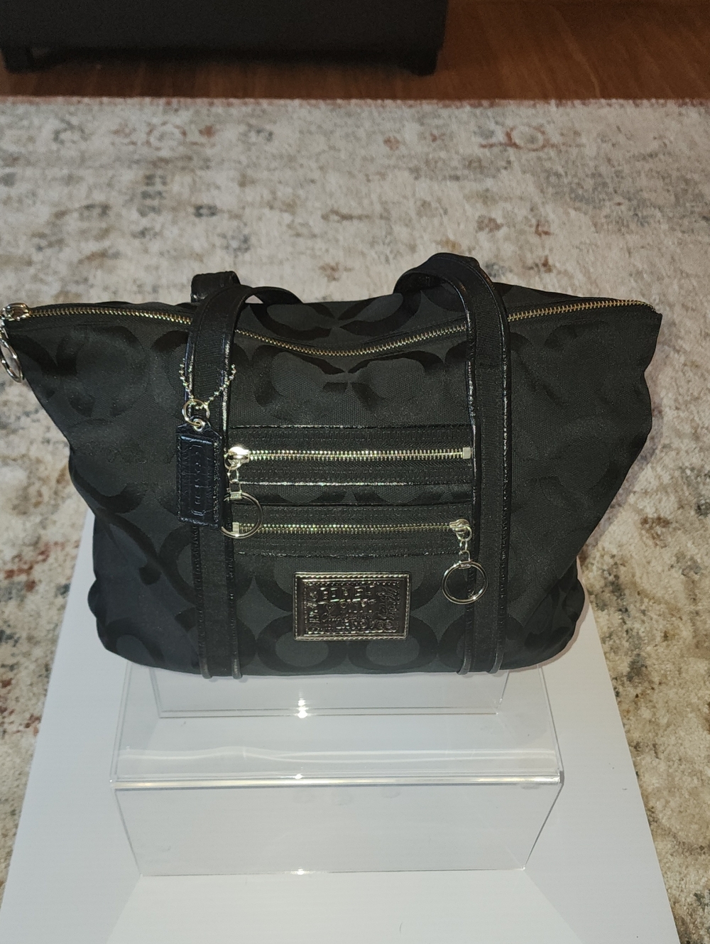 Coach Poppy OP Art Black Signature Nylon Tote with Silver  Hardware. 15×12×4×8.5